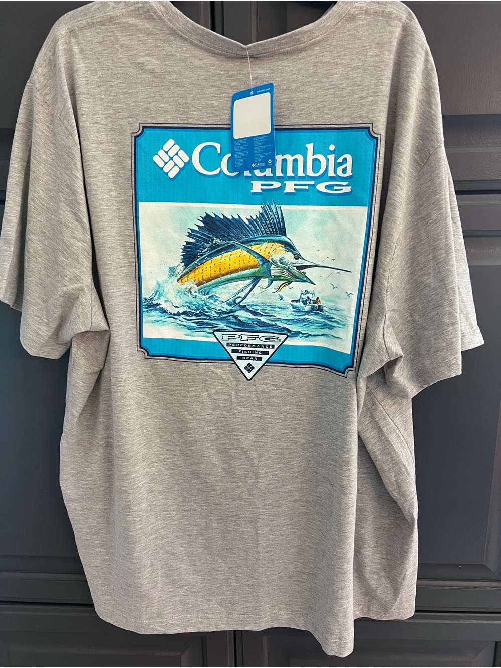 Columbia PFG Short-Sleeve Tee - Gray with Blue and Yellow Marlin